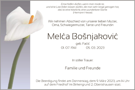 Todesanzeige von Melca Bosnjakovic von OF