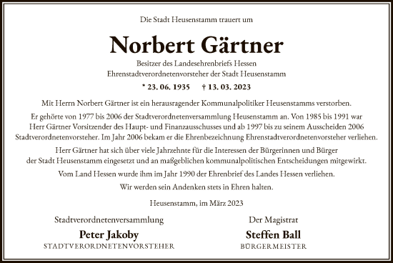 Todesanzeige von Norbert Gärtner von OF