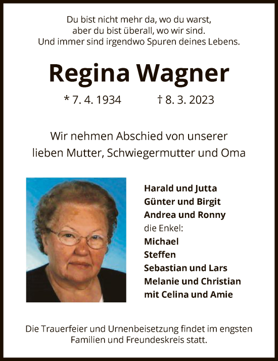 Todesanzeige von Regina Wagner von OF
