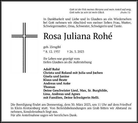 Todesanzeige von Rosa Juliana Rohe von OF