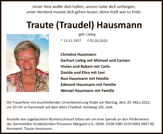 Todesanzeige von Traute Hausmann von OF