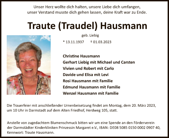 Todesanzeige von Traute Hausmann von OF