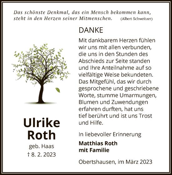 Todesanzeige von Ulrike Roth von OF