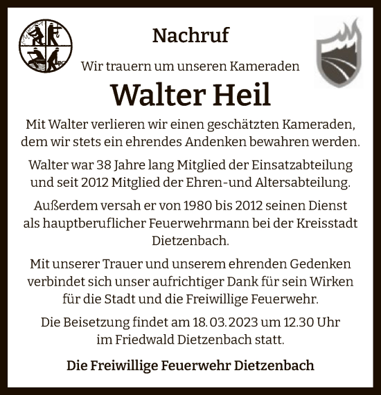 Todesanzeige von Walter Heil von OF