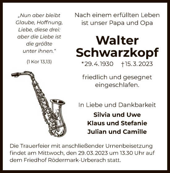 Todesanzeige von Walter Schwarzkopf von OF