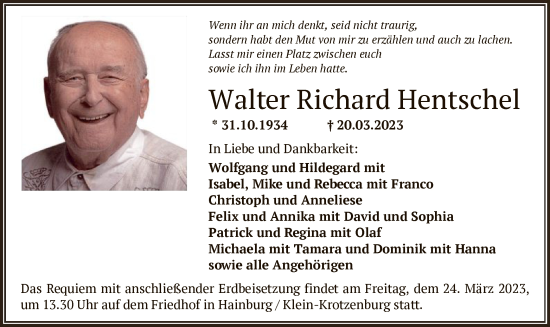 Todesanzeige von Walter Richard Hentschel von OF