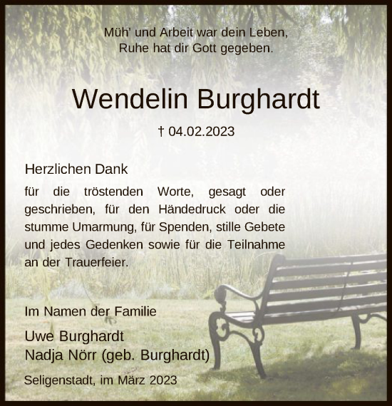 Todesanzeige von Wendelin Burghardt von OF