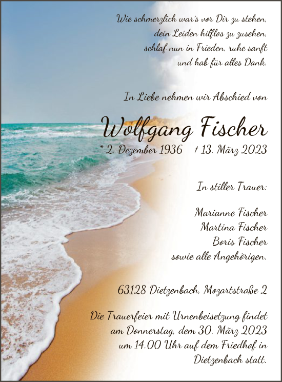 Todesanzeige von Wolfgang Fischer von OF