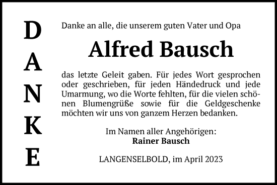 Todesanzeige von Alfred Bausch von OF