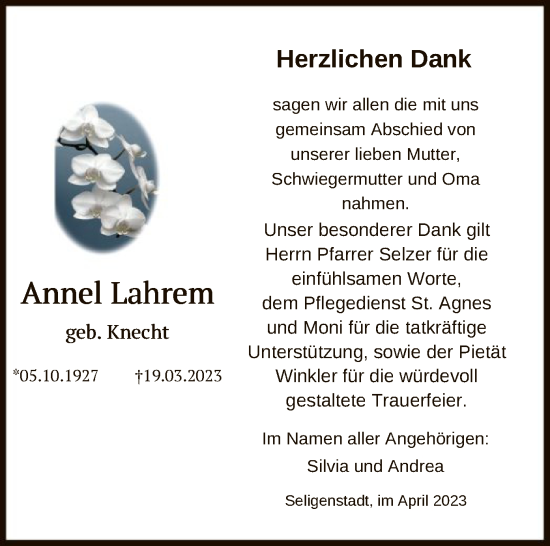 Todesanzeige von Annel Lahrem von OF