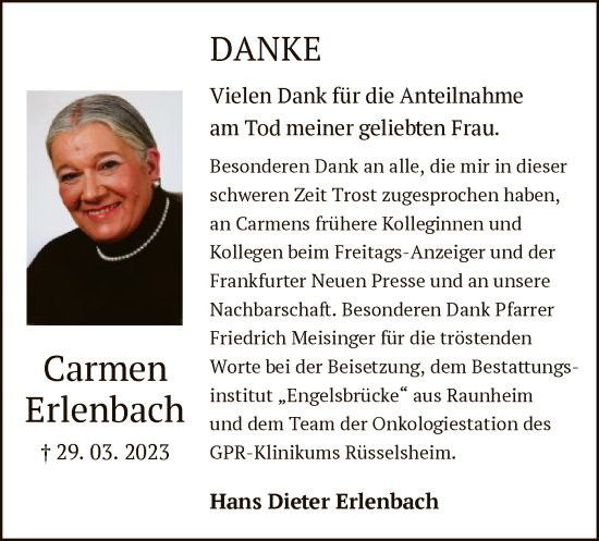 Todesanzeige von Carmen Erlenbach von OF