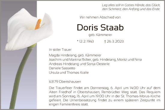 Todesanzeige von Doris Staab von OF