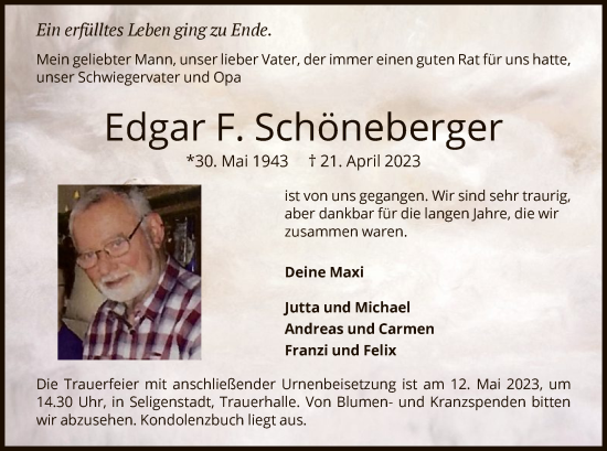 Todesanzeige von Edgar F. Schöneberger von OF