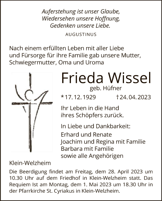 Todesanzeige von Frieda Wissel von OF
