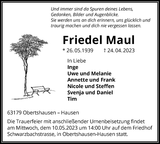 Todesanzeige von Friedel Maul von OF