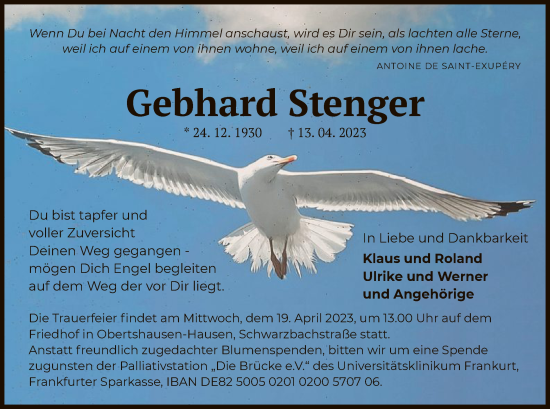 Todesanzeige von Gebhard Stenger von OF