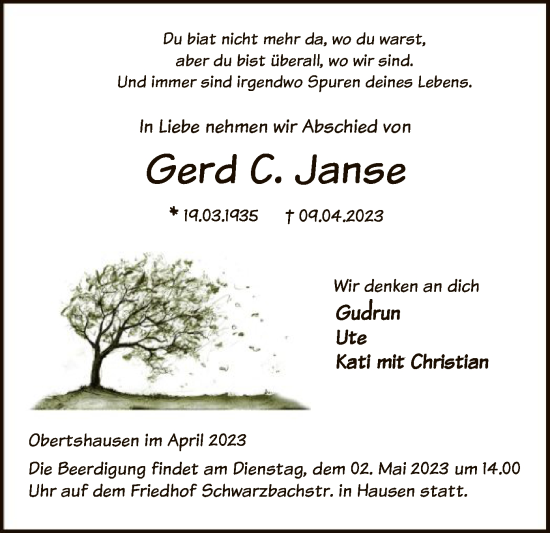 Todesanzeige von Gerd C. Janse von OF