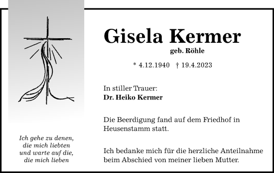Todesanzeige von Gisela Kermer von OF