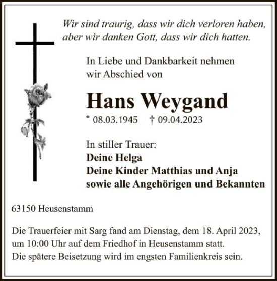 Todesanzeige von Hans Weyand von OF