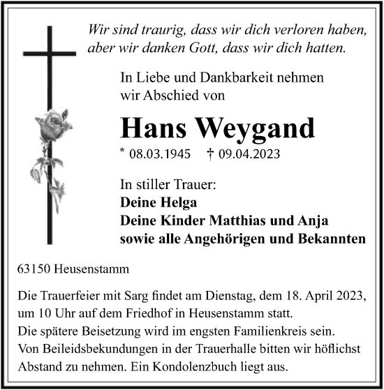 Todesanzeige von Hans Weygand von OF