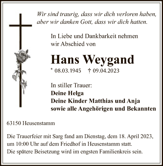 Todesanzeige von Hans Weygand von OF
