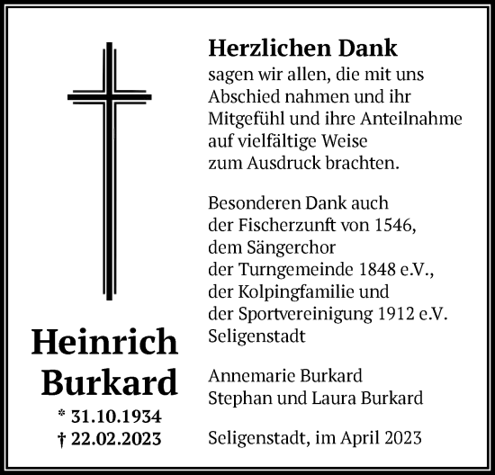Todesanzeige von Heinrich Burkard von OF
