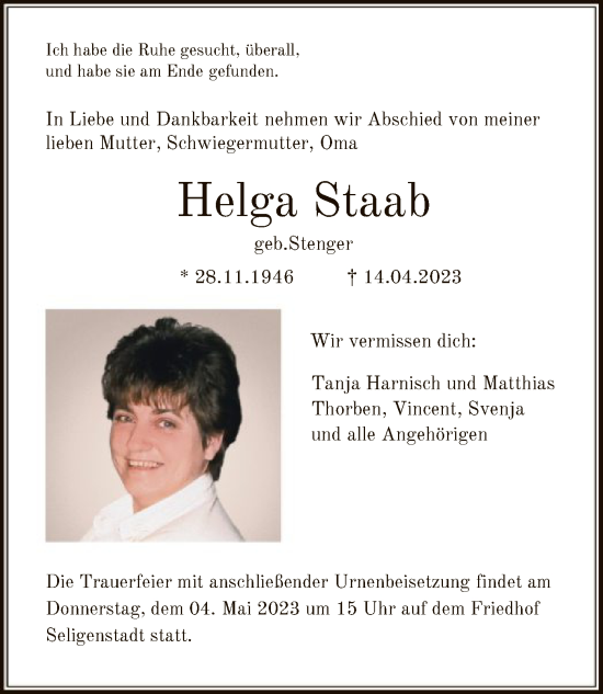 Todesanzeige von Helga Staab von OF