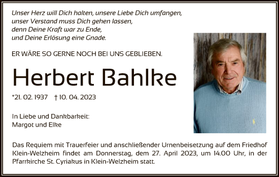 Todesanzeige von Herbert Bahlke von OF