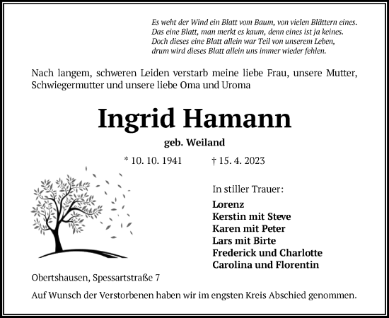 Todesanzeige von Ingrid Hamann von OF
