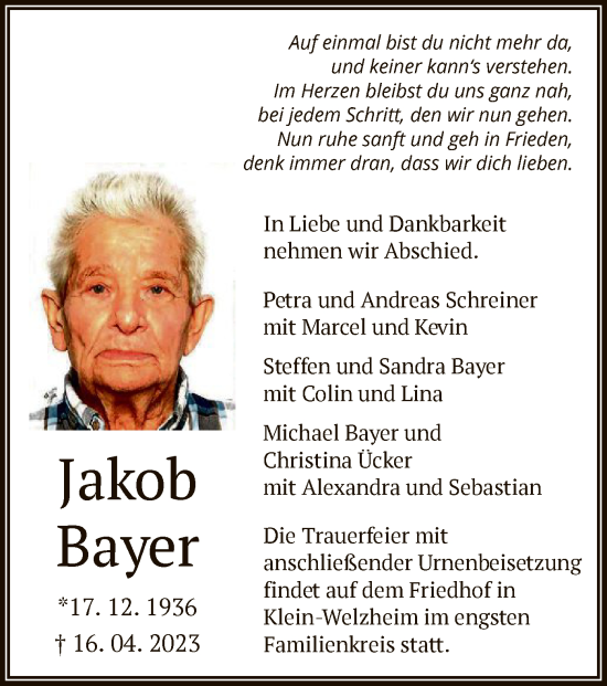 Todesanzeige von Jakob Bayer von OF