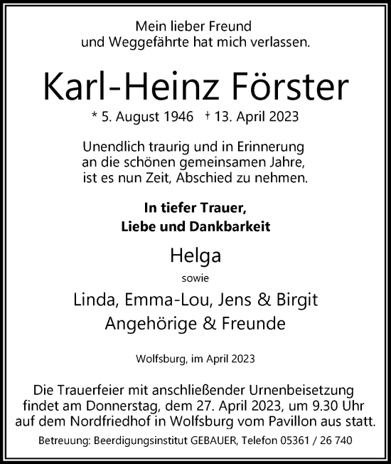 Todesanzeige von Karl-Heinz Förster von OF