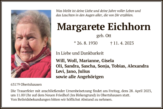 Todesanzeige von Margarete Eichhorn von OF