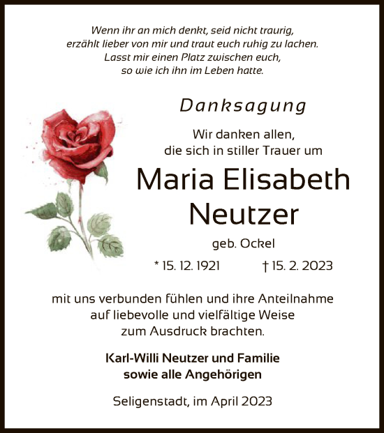 Todesanzeige von Maria Elisabeth Neutzer von OF