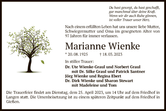Todesanzeige von Marianne Wienke von OF