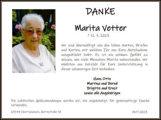 Todesanzeige von Marita Vetter von OF