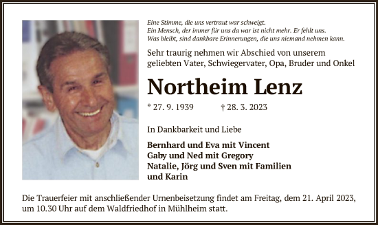 Todesanzeige von Northeim Lenz von OF