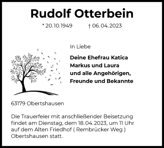 Todesanzeige von Rudolf Otterbein von OF