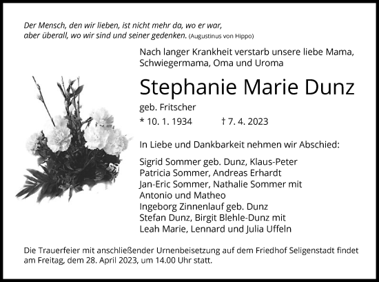 Todesanzeige von Stephanie Marie Dunz von OF