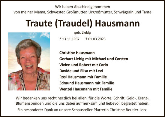 Todesanzeige von Traute Hausmann von OF