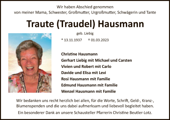 Todesanzeige von Traute Hausmann von OF