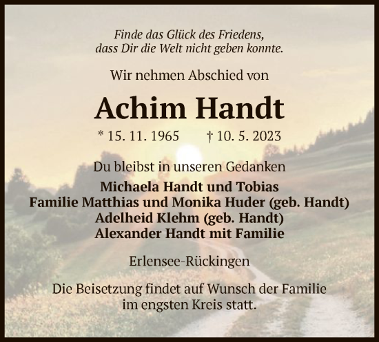 Todesanzeige von Achim Handt von OF
