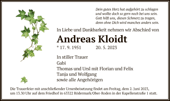 Todesanzeige von Andreas Kloidt von OF