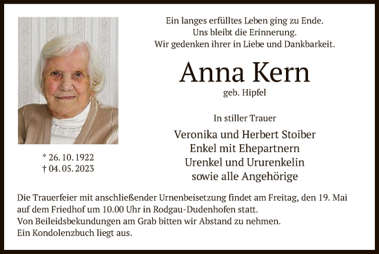 Todesanzeige von Anna Kern von OF