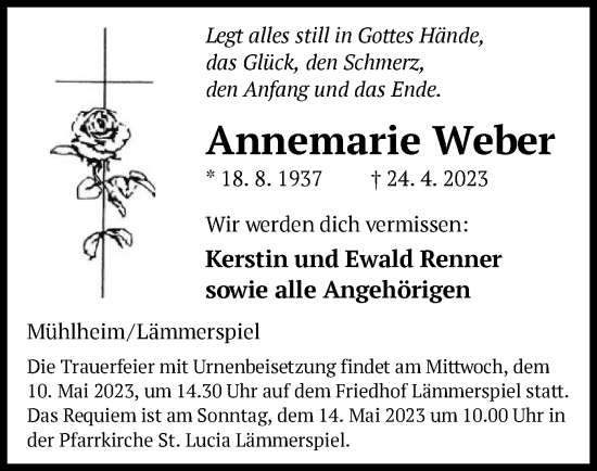 Todesanzeige von Annemarie Weber von OF