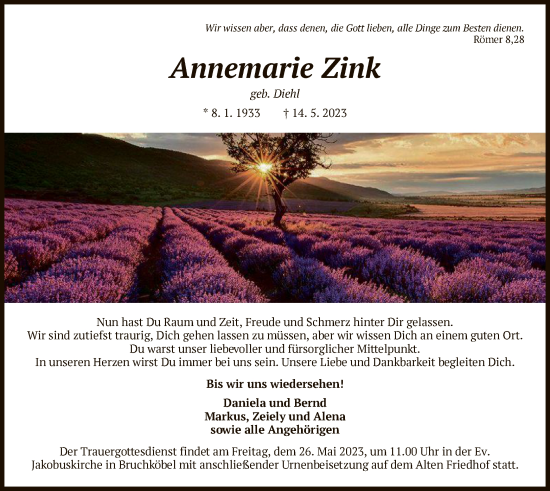 Todesanzeige von Annemarie Zink von OF