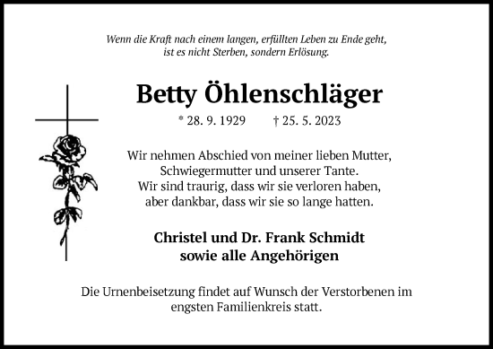 Todesanzeige von Betty Öhlenschläger von OF