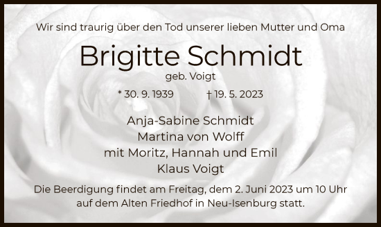 Todesanzeige von Brigitte Schmidt von OF