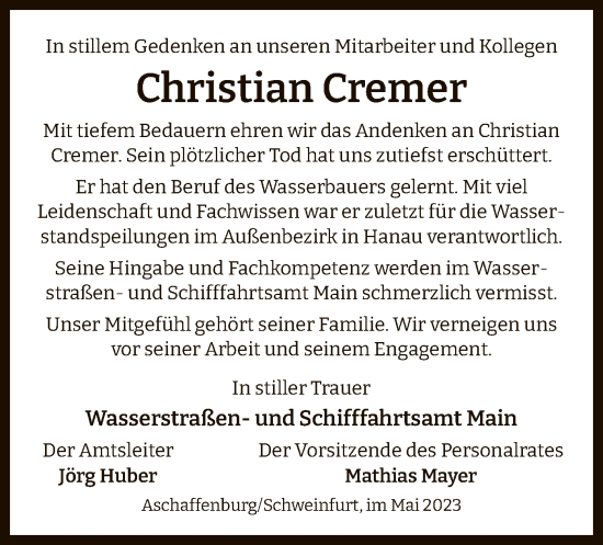 Todesanzeige von Christian Cremer von OF