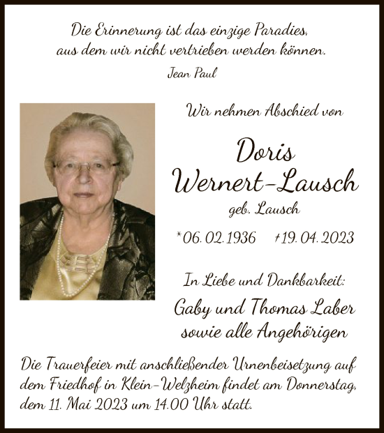 Todesanzeige von Doris Wernert-Lausch von OF