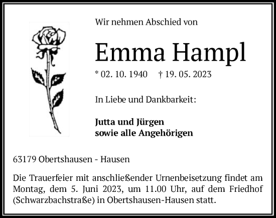 Todesanzeige von Emma Hampl von OF